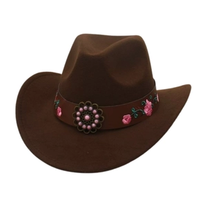 Classic dark coffee wool felt western cowboy hat with floral embroidery and leather band