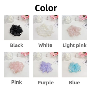 Detailed grid view of elegant mesh scrunchies with white pearls in six soft pastel colors