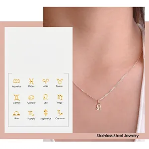 Stainless Steel Zodiac Constellation Pendant Necklace Minimalist Jewelry Gold Silver Rose Gold Twelve Signs Women Gift