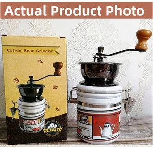 Retro manual coffee grinder with ceramic espresso canister and vintage wood handle