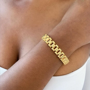 Classic 18k gold plated stainless steel watch-style link bracelet for women on wrist