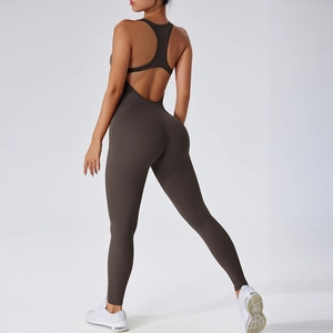 Women Yoga Jumpsuit Nylon Spandex High Stretch Backless Racerback With Padded Cups Slim Fit Workout Bodysuit Fitness
