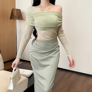 Elegant light green off-shoulder mesh top and satin midi skirt two-piece set for women