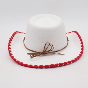 Detail of white felt cowboy hat featuring red zigzag stitching and brown cord bow tie