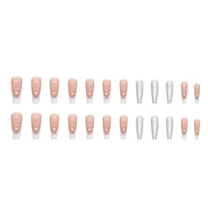 White French ballet press-on nails set with silver glitter and pink ombre finish