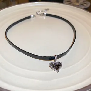 French style crystal heart pendant choker with black leather strap and sparkling stones