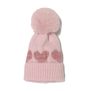 Pink winter knit baby hat with soft pompom and cute heart patterns for newborn girls