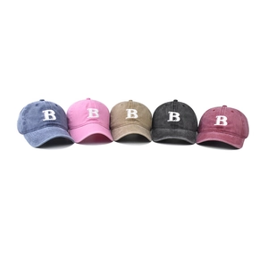 Five assorted vintage washed cotton baseball caps with embroidered letter B design