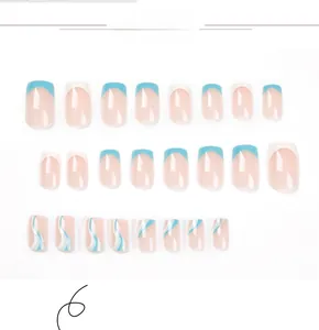Detail of blue and white french wavy lines pattern on 24pcs square press-on nails