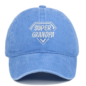 Detailed view of white 'SUPER GRANDPA' embroidery on a blue distressed washed cotton hat