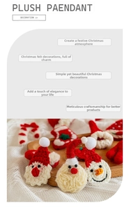 Detail of handcrafted crochet Christmas ornaments including Santa and snowman on wood