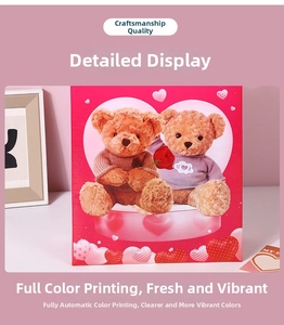 Detail of cute teddy bears colorful printing on a pink non-woven gift bag for Valentine