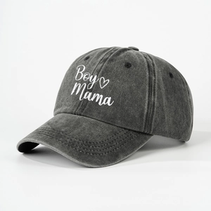 Washed dark grey baseball cap with Boy Mama text and heart embroidery for men and women