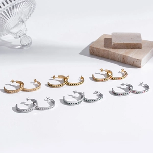 Stainless Steel C-Shaped Hoop Earrings With Zircon Inlay Vintage Bohemian Style Jewelry For Women