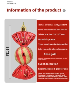 Macro detail of red and gold striped Christmas candy pendant with 11cm height specs