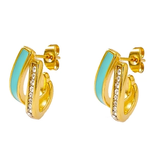 Luxe 18K gold plated stainless steel geometric earrings with blue enamel and pavé crystals