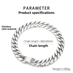 Close-up of 20mm thick stainless steel Cuban chain necklace with bone plug buckle detail