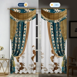 Damascus curtains in teal and gold showing day and night lighting effects with valance