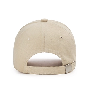 Adjustable beige cotton baseball cap with metal buckle and premium stitching details