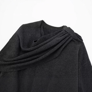 Dark grey asymmetric knit top for women with unique pleated neckline detail