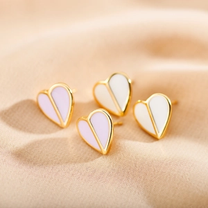 Fashion heart stud earrings in purple and white enamel with gold metal trim
