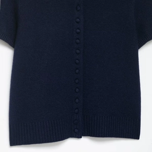 Navy blue short sleeve knit cardigan with delicate buttons and ribbed cuffs for women