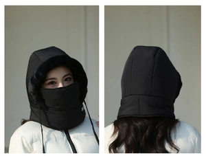Front and back detail of a black windproof fleece hooded neck gaiter with face mask