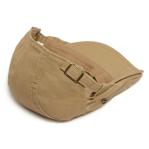 Classic tan cotton flat cap with side letter embroidery and adjustable metal buckle back