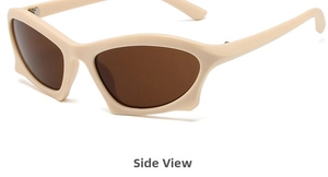 Side view of cream steampunk sunglasses with sharp batwing frame and brown lenses