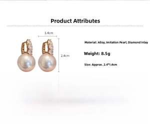 Detail view of pearl earrings with zircon inlay showing size and material specifications