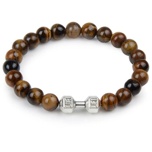 Close-up of tiger eye stone beads and silver dumbbell charm with LIVE LIFT engraving