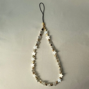 Elegant star phone strap with white mother of pearl and gold metallic star beads