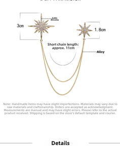 Detailed view of gold star brooch with rhinestones and dimensions for styling