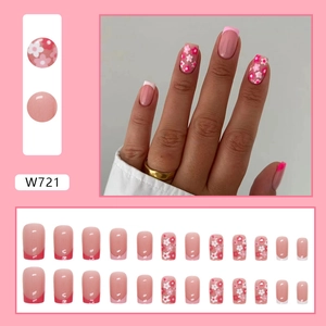 French floral press-on nails in pink square style with 24 pieces for women