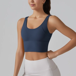 Deep blue U-neck sports bra with wide straps for high-impact yoga and gym workouts