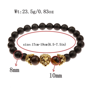 Matte black lion head bracelet with brown tiger eye stones and elastic cord for men