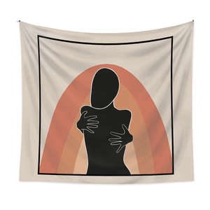 Bohemian minimalist tapestry with female silhouette and sunset arc on a neutral background