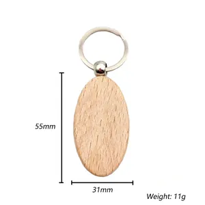 Detail view of oval beech wood keychain with 55mm height and natural grain finish