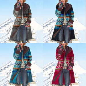 Women's long hooded coat with geometric ethnic print in four color options on snow background