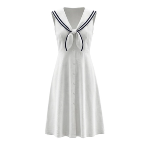 Sailor Collar Sleeveless Dress Polyester Bowknot High Waist Preppy Retro Style French Lolita For Women White