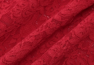 Gros plan sur la dentelle rouge avec motifs floraux et détails de maille ajourée