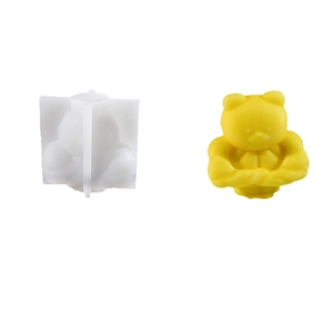 3D muscular teddy bear silicone mold with yellow wax finished product in white background