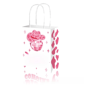 Detail of Disco Cowgirl party bag with pink hat, disco ball and cow print sides