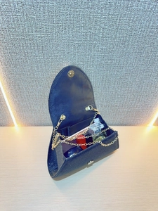 Inside view of sparkly evening clutch showing capacity for perfume and lipstick
