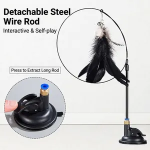 Interactive Cat Teaser Wand Toy With Suction Cup Detachable Flexible Steel Wire Feather Bell For Pet Indoor Self-Play