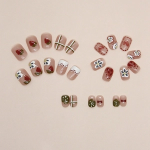 Cute Japanese style flower and strawberry press-on nails set in translucent pink base