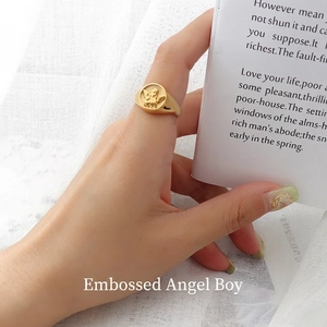 Vintage Angel Relief Signet Ring Titanium Steel Polished Ins Style Fashion Commuter Jewelry