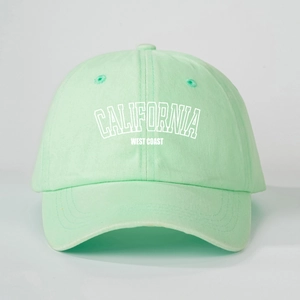 Close-up of mint green cotton twill baseball cap with white CALIFORNIA CALIFORNIA print