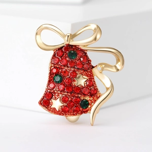 Christmas Bell Brooch Gold Tone Alloy Red Green Rhinestone Star Bowknot Festive Winter Clothing Accessory For Women