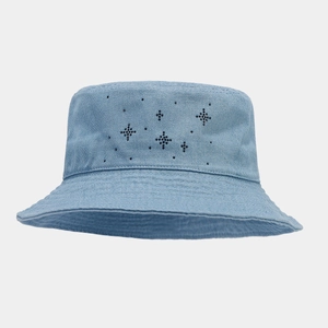 Detailed view of light blue denim bucket hat featuring star-shaped rhinestone embellishments